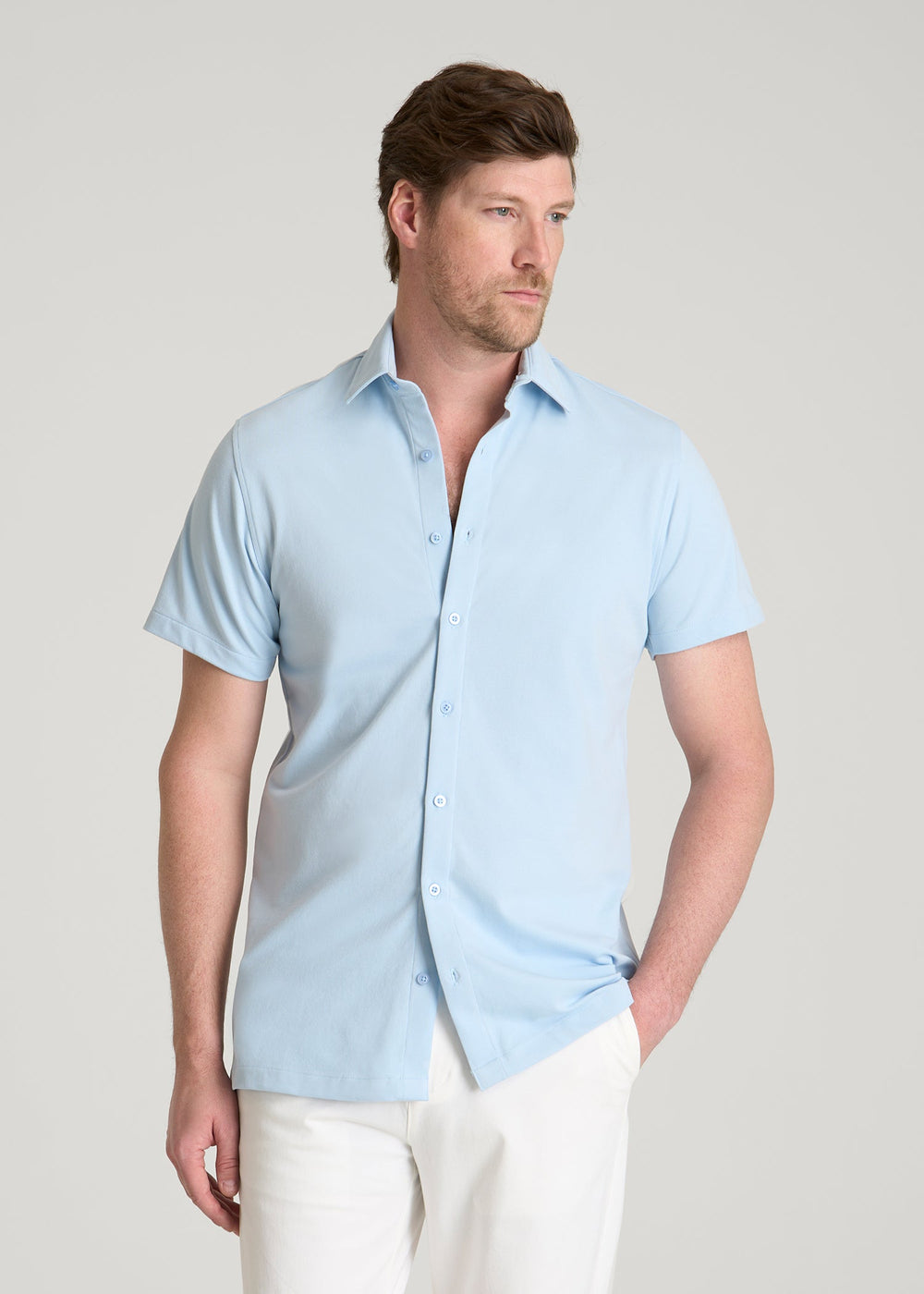 American Tall Outlet | Pique Knit Stretch Short Sleeve Shirt for Tall Men in Ice Blue