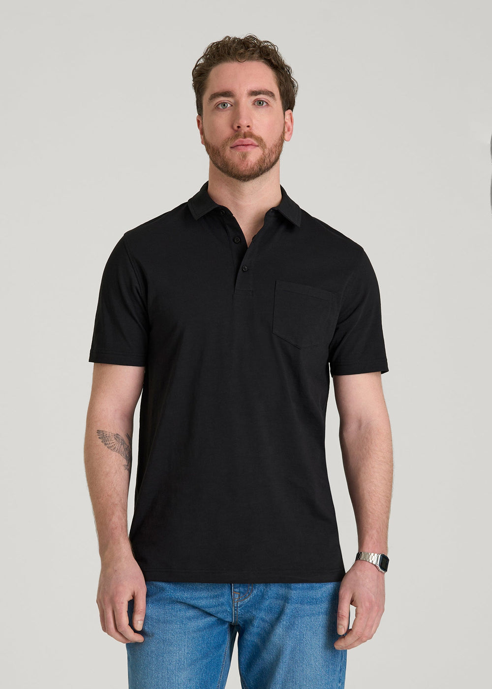 American Tall Discount | Slub Knit Polo with Pocket for Tall Men in Black