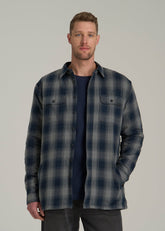 American Tall Online Shop | LJ&S Sherpa-Lined Shirt Jacket for Tall Men in Midnight Navy & Medium Grey Plaid