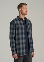 American Tall Online Shop | LJ&S Sherpa-Lined Shirt Jacket for Tall Men in Midnight Navy & Medium Grey Plaid