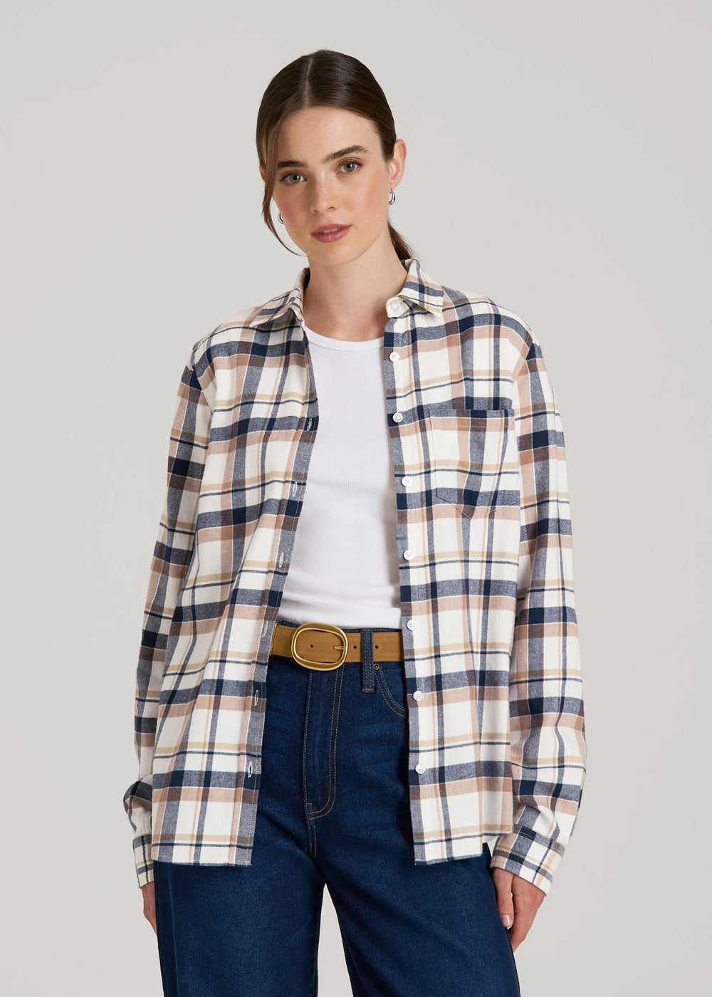 American Tall For Sale | Flannel Button-Up Shirt for Tall Women in Woodsmoke with Navy