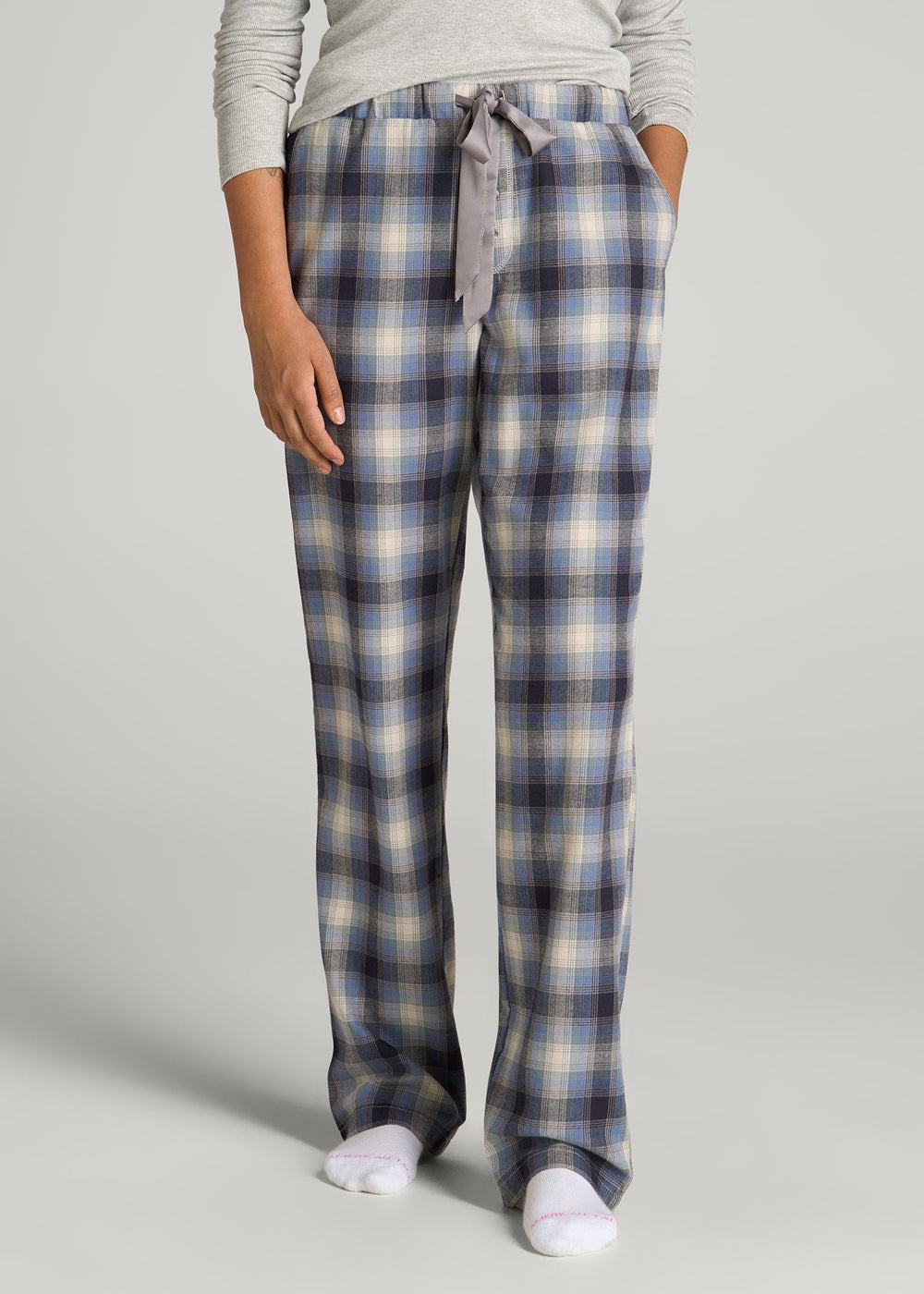American Tall Outlet | Open-Bottom Flannel Pajama Pants for Tall Women in Blue and Grey Weave