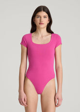 American Tall Discount | Cotton Blend Short Sleeve Square Neck Bodysuit for Tall Women in Magenta