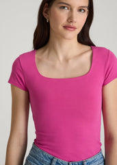 American Tall Discount | Cotton Blend Short Sleeve Square Neck Bodysuit for Tall Women in Magenta