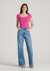 American Tall Discount | Cotton Blend Short Sleeve Square Neck Bodysuit for Tall Women in Magenta