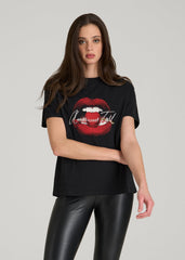 American Tall Discount | Black Cherry Lips Graphic Tee for Tall Women in Black