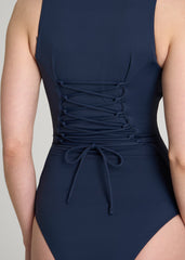 American Tall For Sale | Quarter Zip Cinched One Piece Swimsuit for Tall Women in Navy Blue