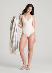 American Tall Sale | Classic V-Neck One Piece Swimsuit for Tall Women in White Sand