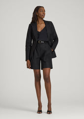 American Tall Discount | Stretch Cotton Linen Blend Pleated Shorts for Tall Women in Black