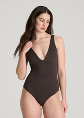 American Tall Sale | Classic V-Neck One Piece Swimsuit for Tall Women in Espresso