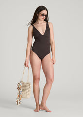 American Tall Sale | Classic V-Neck One Piece Swimsuit for Tall Women in Espresso