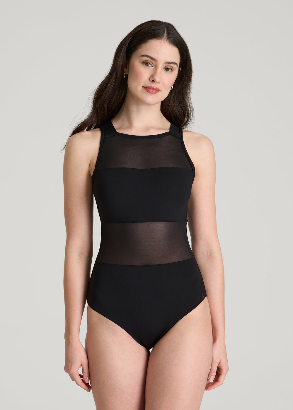 American Tall For Sale | High Neck Mesh One Piece Swimsuit for Tall Women in Deep Black