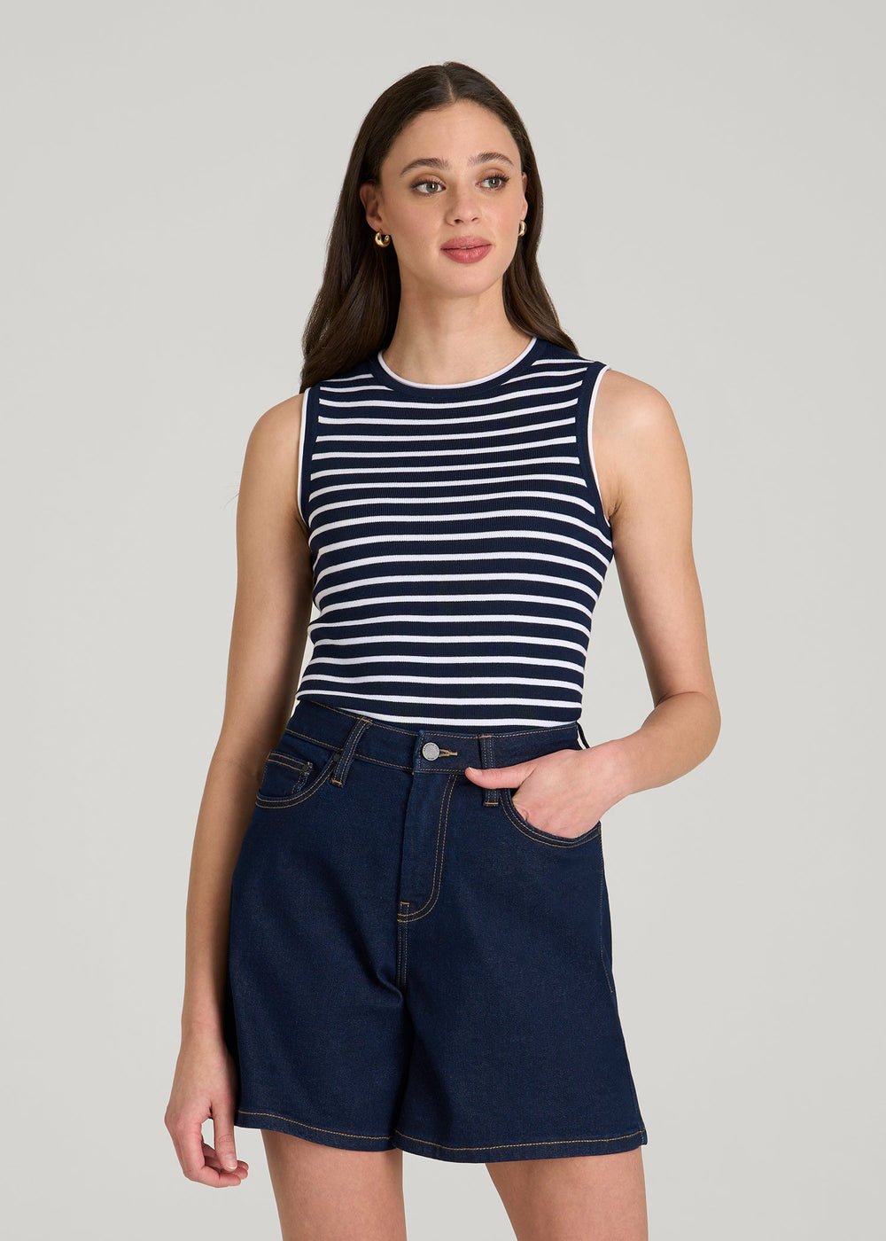 American Tall Sale | Sleeveless Knit Top for Tall Women in Bold Navy Stripe