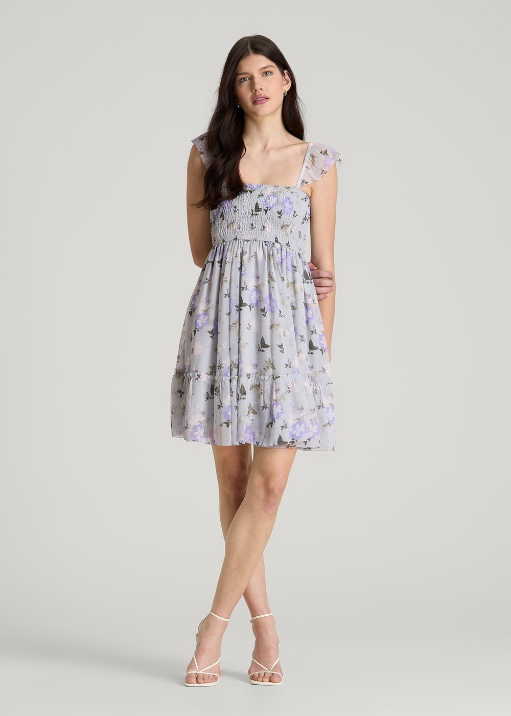American Tall Outlet | Chiffon Mini Gumdrop Dress for Tall Women in Grey and Lilac Floral