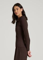 American Tall Outlet | Ribbed Knit Long Sleeve Polo for Tall Women in Espresso