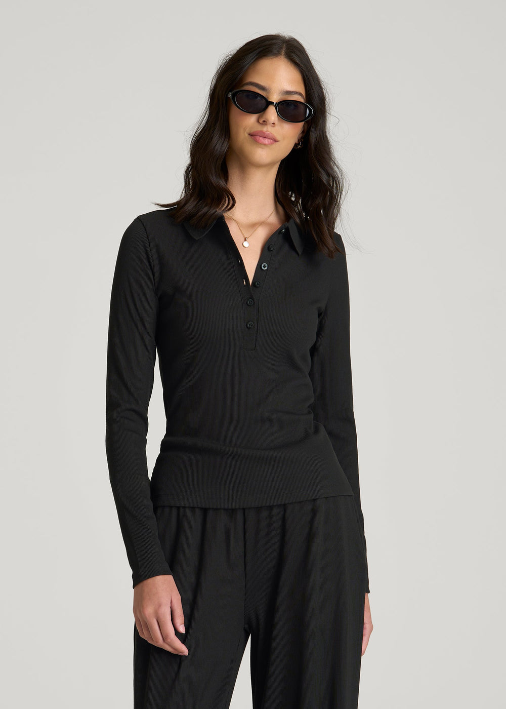 American Tall For Sale | Ribbed Knit Long Sleeve Polo for Tall Women in Deep Black