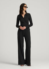 American Tall For Sale | Ribbed Knit Long Sleeve Polo for Tall Women in Deep Black