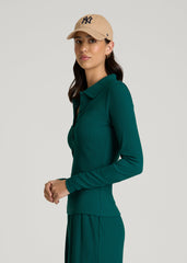 American Tall Online Shop | Ribbed Knit Long Sleeve Polo for Tall Women in Deep Teal