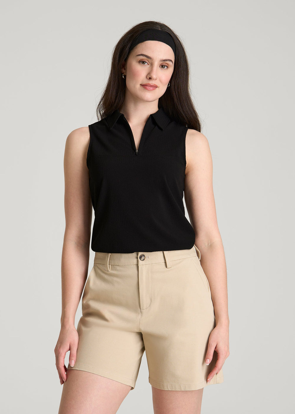 American Tall Discount | Coastal Perforated Sleeveless Polo for Tall Women in Black