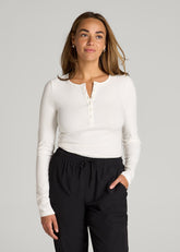 American Tall Sale | Long Sleeve Ribbed Crewneck Henley Shirt for Tall Women in Cream