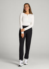 American Tall Sale | Long Sleeve Ribbed Crewneck Henley Shirt for Tall Women in Cream