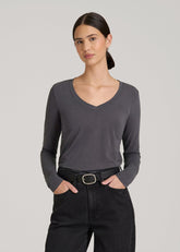 American Tall Discount | Long Sleeve Scoop V-Neck Tee Shirt for Tall Women in Charcoal