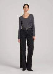 American Tall Discount | Long Sleeve Scoop V-Neck Tee Shirt for Tall Women in Charcoal