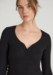American Tall Outlet | Fitted Ribbed Long Sleeve Henley for Tall Women in Black