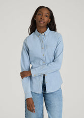 American Tall For Sale | Stretch Chambray Shirt for Tall Women in Light Blue Chambray