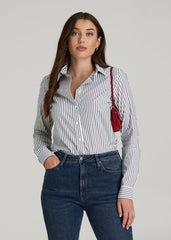 American Tall Sale | Slim Fit Button Up Shirt for Tall Women in Grey and White Stripe
