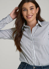 American Tall Sale | Slim Fit Button Up Shirt for Tall Women in Grey and White Stripe