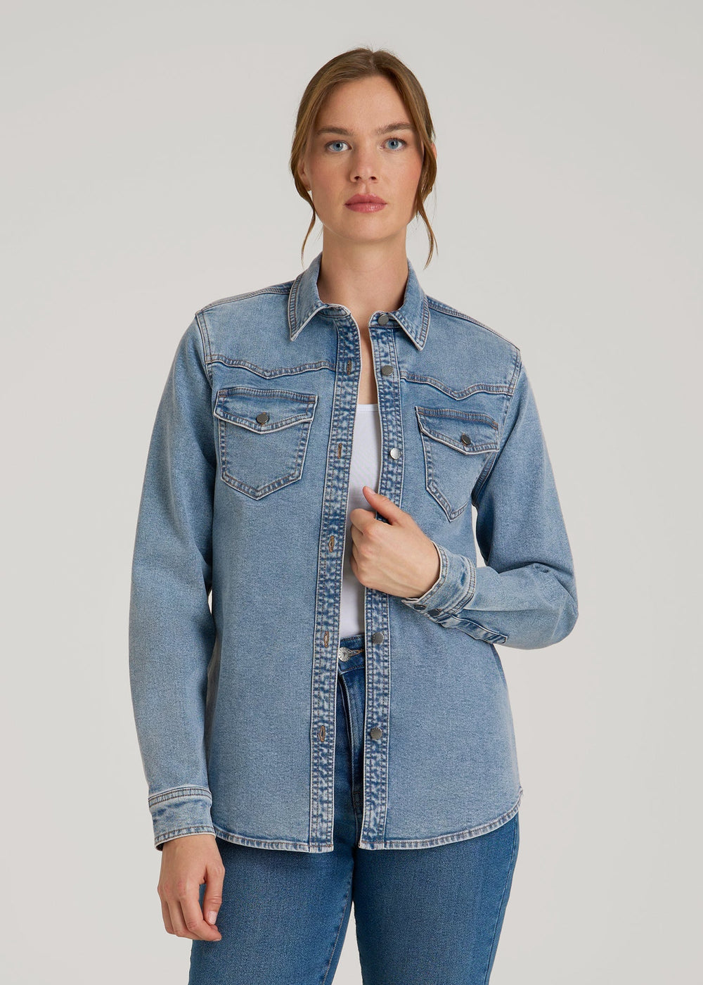 American Tall Discount | Western Denim Shirt for Tall Women in Heritage Faded
