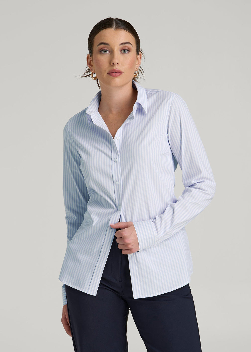 American Tall Sale | Slim Fit Button Up Shirt for Tall Women in Light Blue Stripe