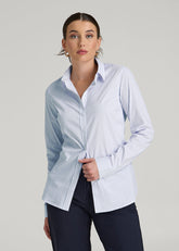 American Tall Sale | Slim Fit Button Up Shirt for Tall Women in Light Blue Stripe
