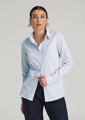 American Tall Sale | Slim Fit Button Up Shirt for Tall Women in Light Blue Stripe