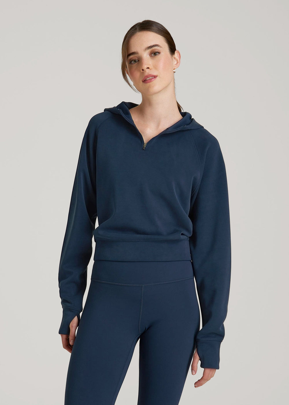 American Tall Discount | Soft Motion Cropped Zip Up Hoodie for Tall Women in Evening Blue