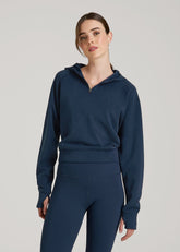 American Tall Discount | Soft Motion Cropped Zip Up Hoodie for Tall Women in Evening Blue