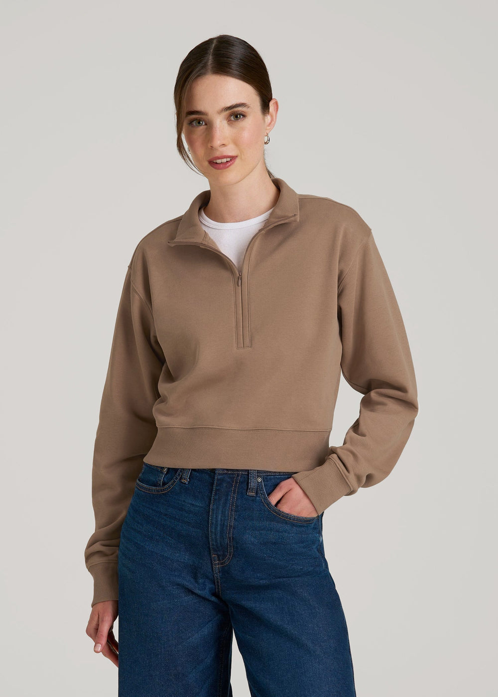 American Tall Sale | Wearever 2.0 Fleece Half-Zip Cropped Sweatshirt for Tall Women in Woodsmoke