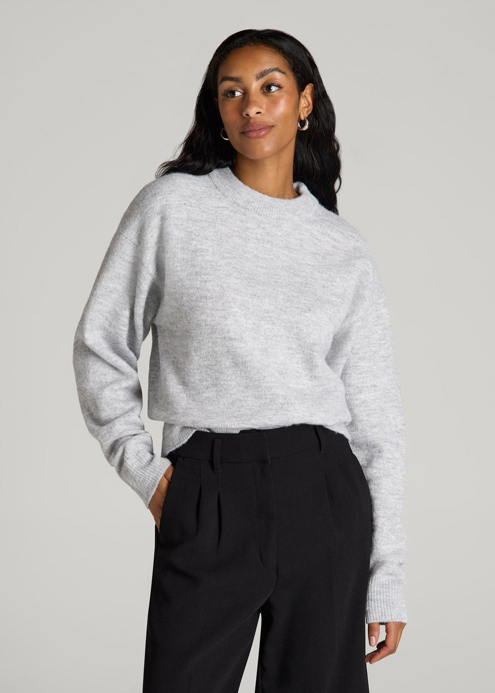 American Tall Online | Relaxed Crewneck Wool Blend Sweater for Tall Women in Grey Mix