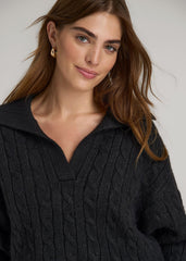 American Tall For Sale | Johnny Collar Cable Knit Sweater for Tall Women in Black