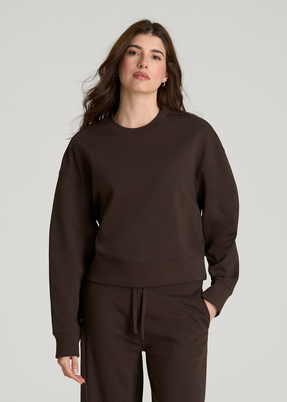 American Tall Discount | Everyday Terry Cropped Crew for Tall Women in Espresso