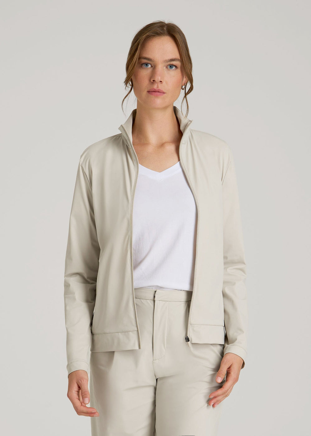 American Tall Discount | Front Zip Commuter Jacket for Tall Women in Stone
