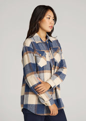 American Tall Discount | Flannel Shacket for Tall Women in Cream and Denim Blue Plaid