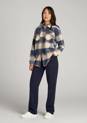 American Tall Discount | Flannel Shacket for Tall Women in Cream and Denim Blue Plaid