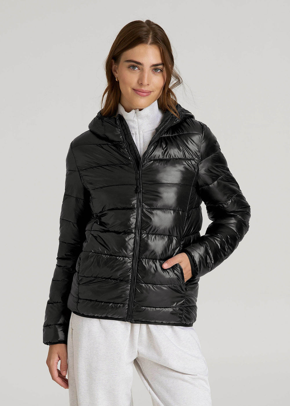 American Tall Online | Packable Short Puffer Jacket for Tall Women in Glossy Black