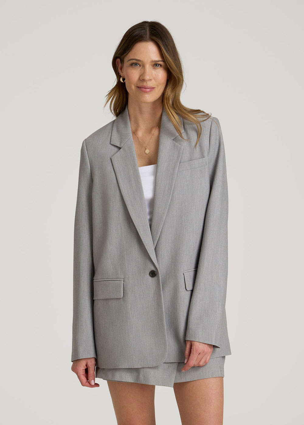 American Tall Online | Boyfriend Fit Single-Button Blazer for Tall Women in Ash Grey Mix