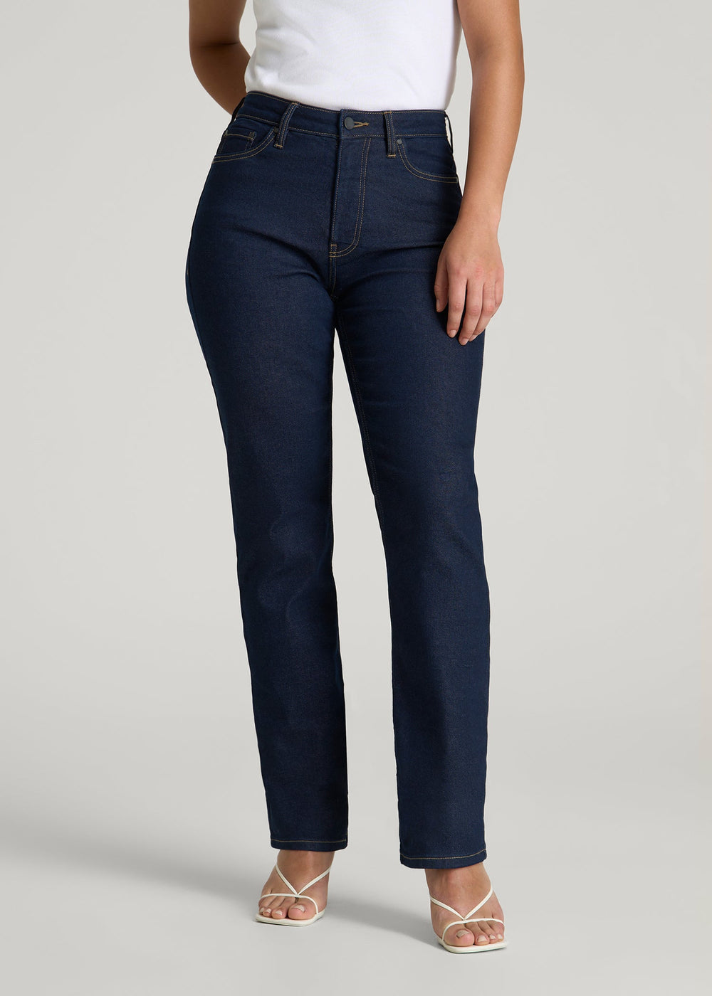 American Tall Outlet | Curve High Rise Straight Leg Jeans for Tall Women in Deep Indigo Wash