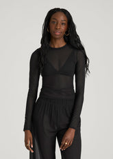American Tall Discount | Power Mesh Fitted Long Sleeve Top for Tall Women in Deep Black