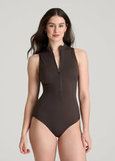 American Tall Sale | Quarter Zip Cinched One Piece Swimsuit for Tall Women in Espresso