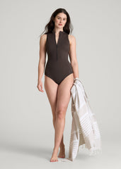 American Tall Sale | Quarter Zip Cinched One Piece Swimsuit for Tall Women in Espresso